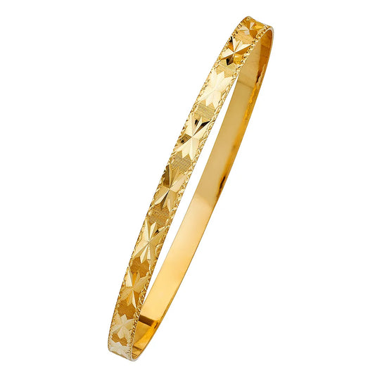 14K Yellow Gold Women’s Diamond-Cut Starburst Design Solid Bangle – Size 7”