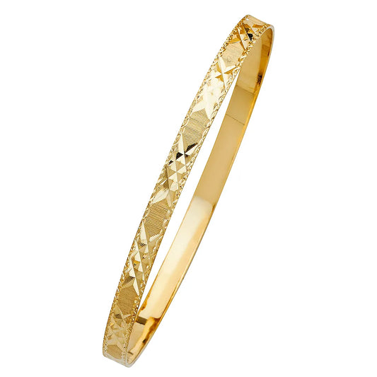14K Yellow Gold Women’s Diamond-Cut Star Design Solid Bangle – Size 7”