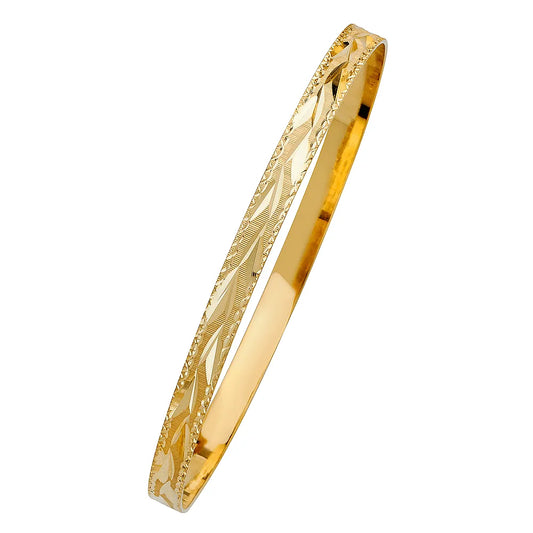 14K Yellow Gold Women’s Diamond-Cut Leaves Design Solid Bangle – Size 7”