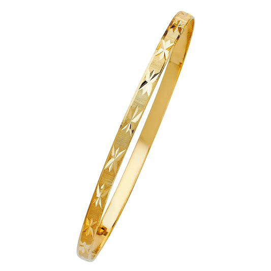 14K Yellow Gold Women’s Diamond-Cut Starburst Design Solid Bangle – Size 7”