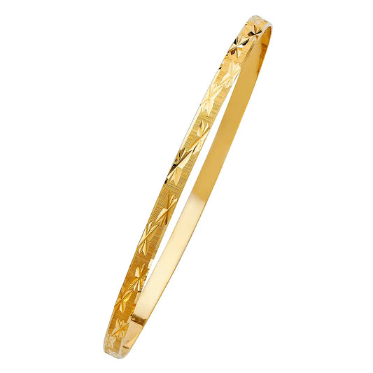 14K Yellow Gold Women’s Diamond-Cut Starburst Design Solid Bangle – Size 7”