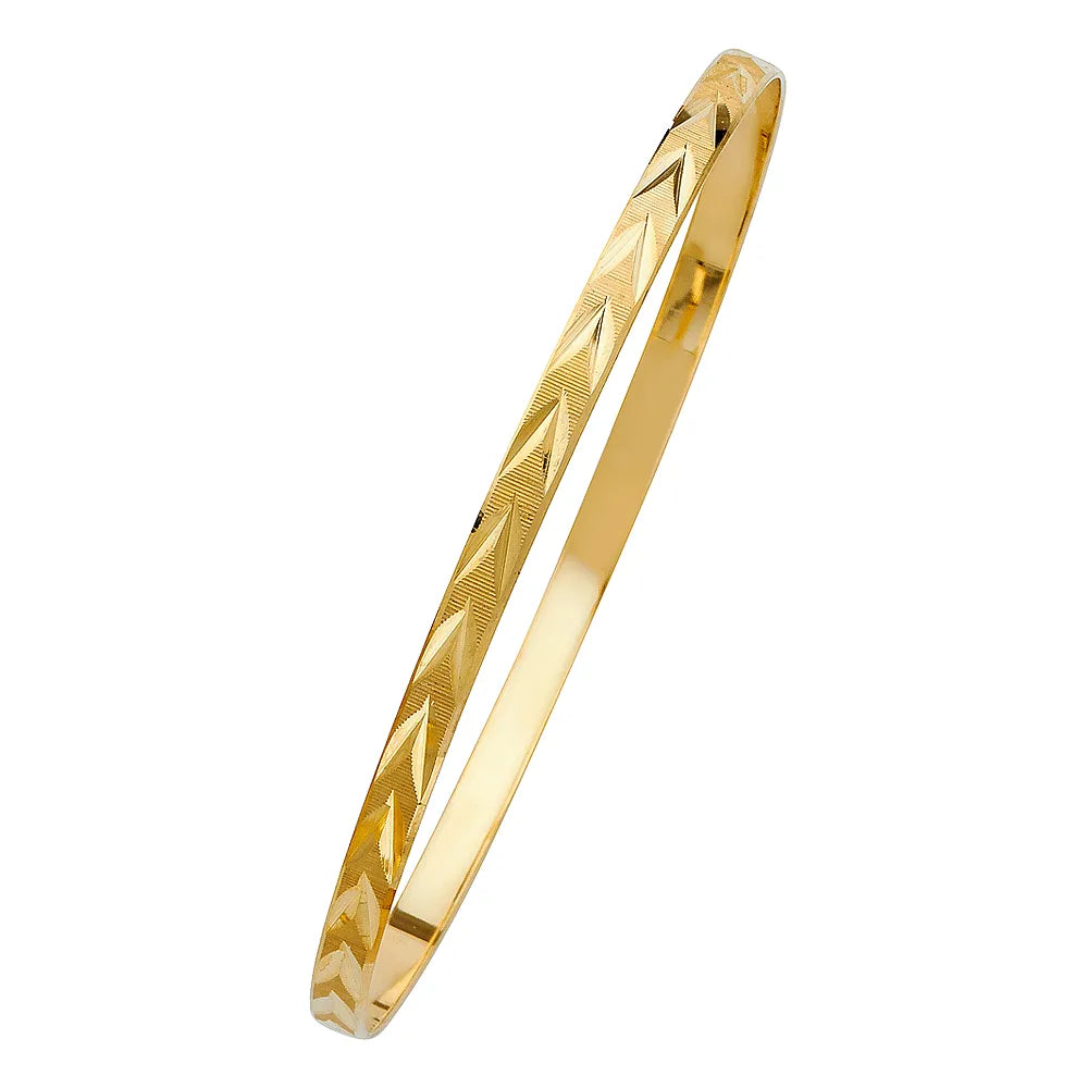 14K Yellow Gold Women’s Diamond-Cut Leaves Design Solid Bangle – Size 8”