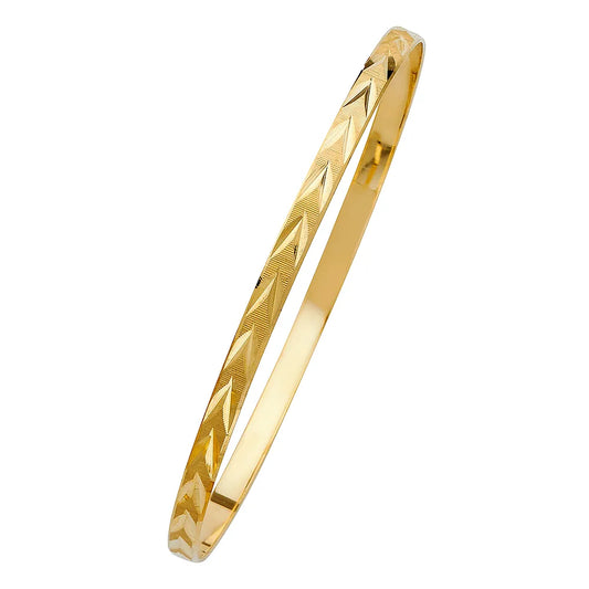 14K Yellow Gold Women’s Diamond-Cut Leaves Design Solid Bangle – Size 8”