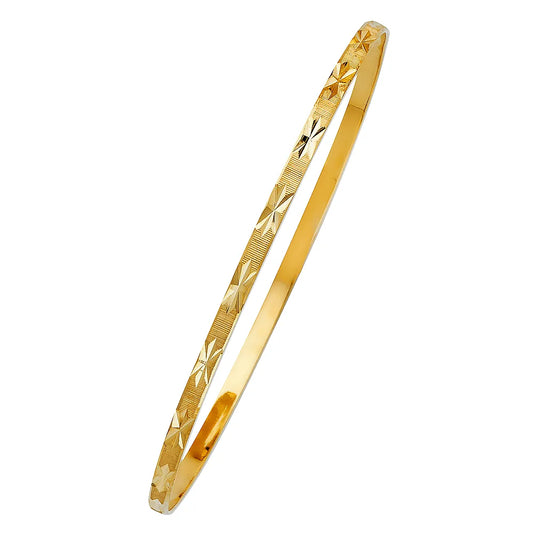 14K Yellow Gold Women’s Diamond-Cut Starburst Design Solid Bangle – Size 7”