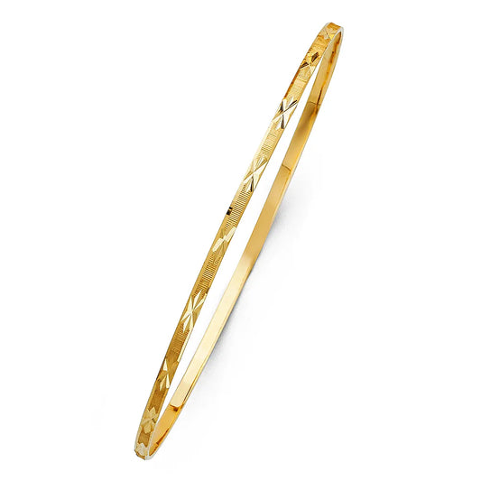 14K Yellow Gold Women’s Diamond-Cut Starburst Design Solid Bangle – Size 8”