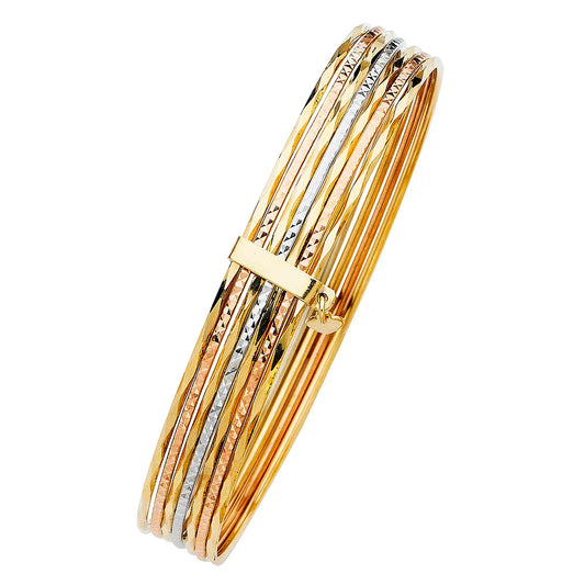 14K Tri-Color Gold Hollow 7-Day Bangle Set Size 7"
