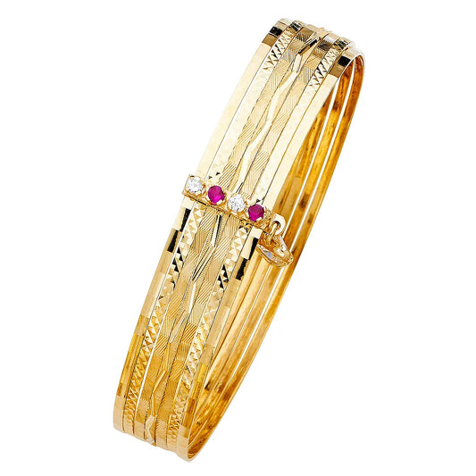 14K Yellow Gold Solid 7-Day Diamond-Cut Bangle Set with CZ Bar Accent Size 8"