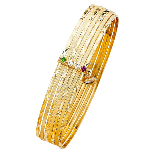 14K Yellow Gold Solid 7-Day Diamond-Cut Bangle Set with Multicolor CZ Bar Accent Size 8"