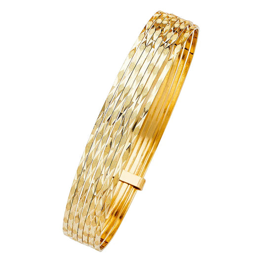 14K Yellow Gold Solid 7-Day Diamond-Cut Bangle Set Size 7"