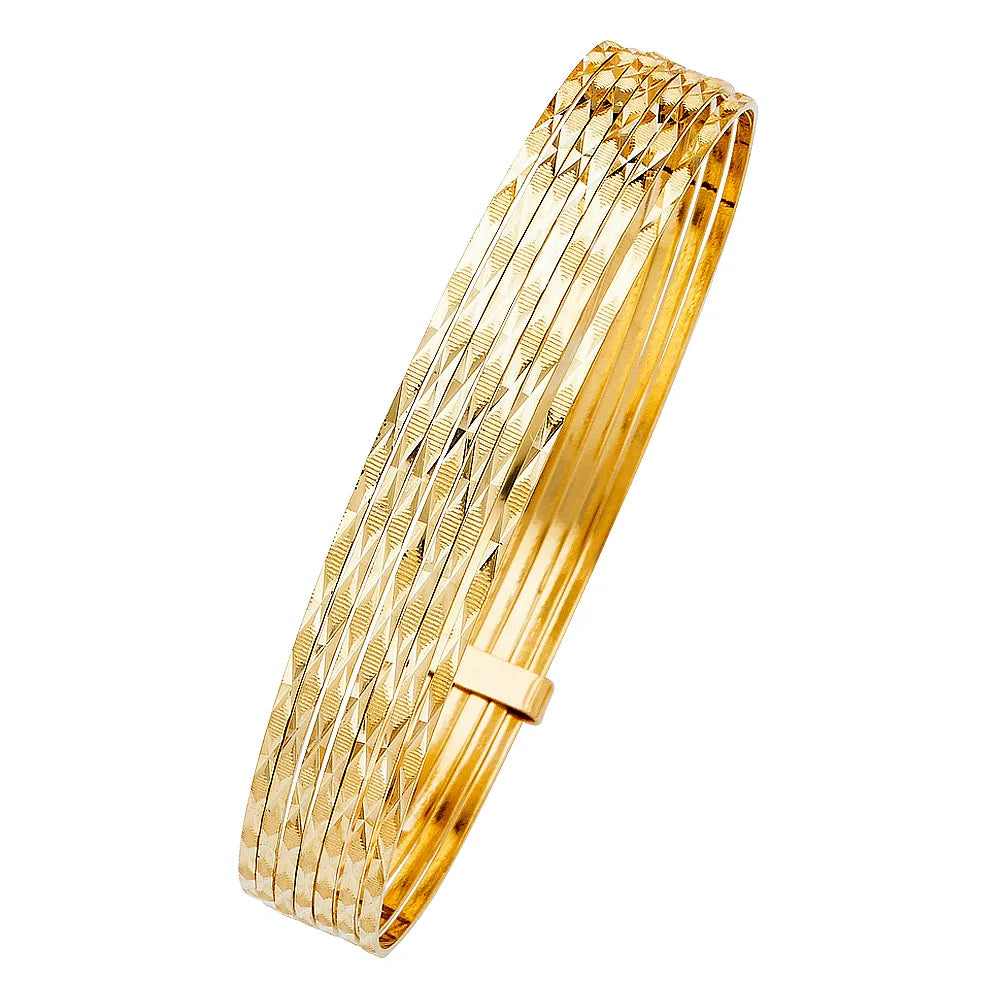 14K Yellow Gold Solid 7-Day Diamond-Cut Bangle Set Size 8"