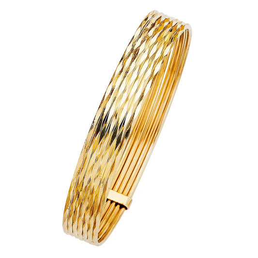 14K Yellow Gold Solid 7-Day Diamond-Cut Bangle Set Size 7"