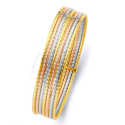 14K Tri-Color Gold Hollow 7-Day Bangle Set Size 8"