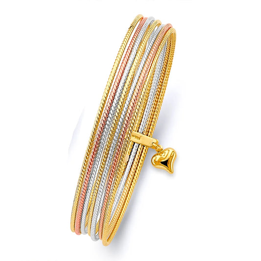14K Tri-Color Gold Hollow 7-Day Bangle Set Size 8"