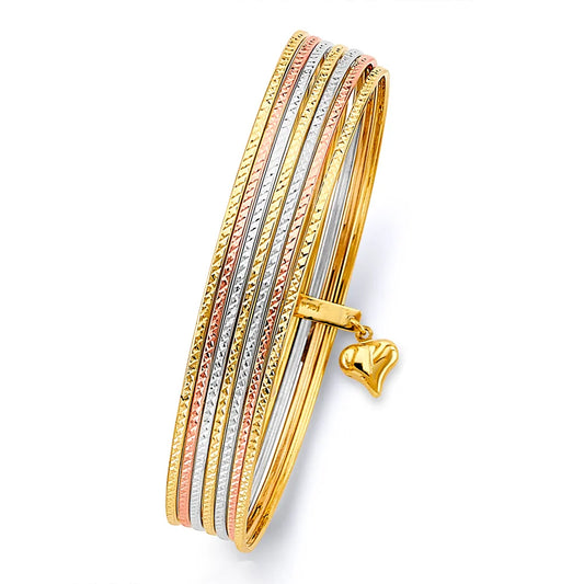 14K Tri-Color Gold Hollow 7-Day Bangle Set Size 7"