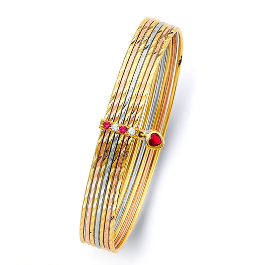 14K Tri-Color Gold Hollow 7-Day Bangle Set Size 7"