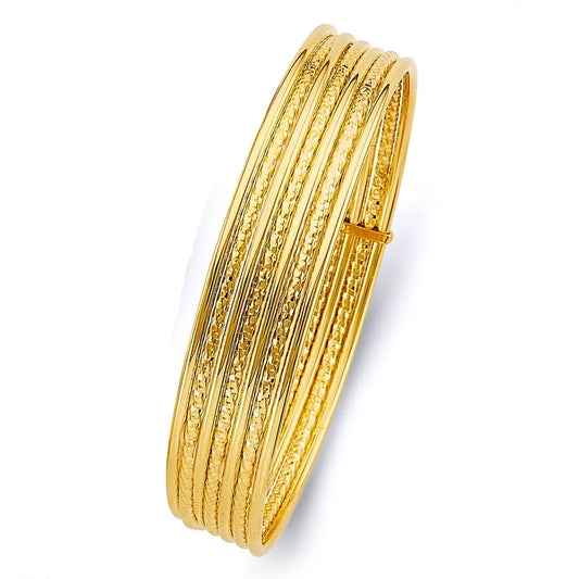14K Yellow Gold Hollow 7-Day Textured Bangle Set Size 8"