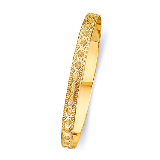14K Yellow Gold Women’s Diamond-Cut Geometric Pattern Solid Bangle – Size 7”