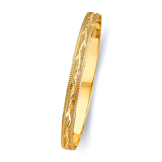 14K Yellow Gold Women’s Diamond-Cut Leaves Design Solid Bangle – Size 8”