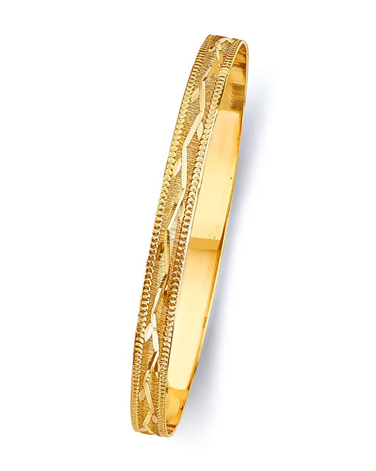 14K Yellow Gold Women’s Diamond-Cut Leaves Design Solid Bangle – Size 8”