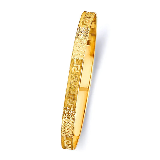 14K Yellow Gold Women’s Greek Key & Diamond-Cut Pattern Solid Bangle – Size 7”