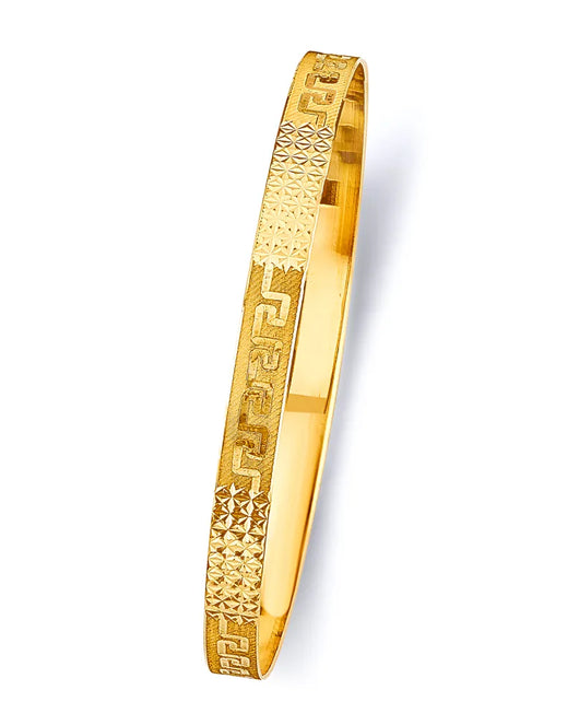 14K Yellow Gold Women’s Greek Key & Diamond-Cut Pattern Solid Bangle – Size 7”