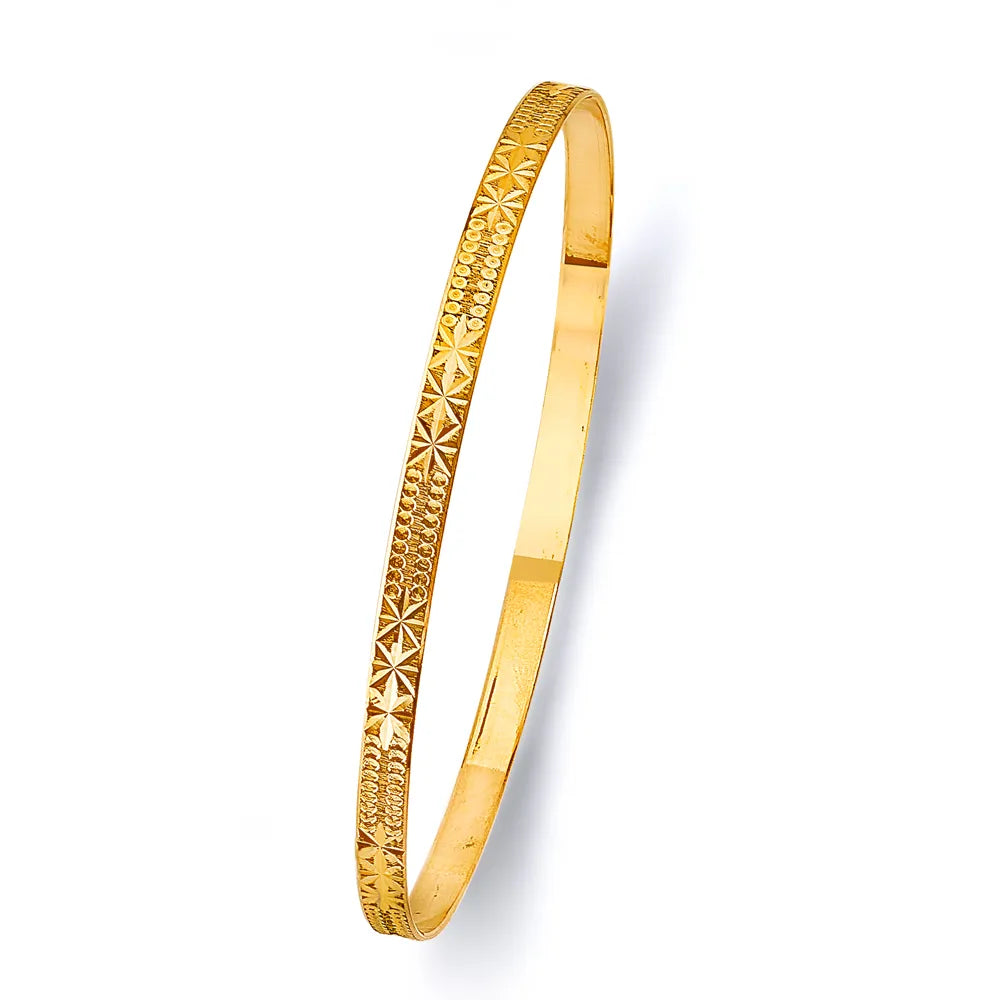 14K Yellow Gold Women’s Diamond-Cut Star & Beaded Pattern Solid Bangle – Size 7”