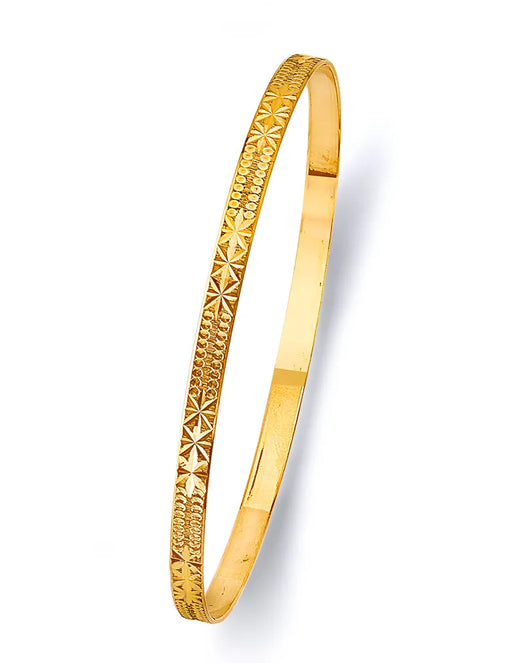 14K Yellow Gold Women’s Diamond-Cut Star & Beaded Pattern Solid Bangle – Size 7”