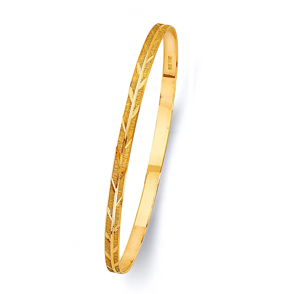 14K Yellow Gold Women’s Diamond-Cut Leaves Design Solid Bangle – Size 7”