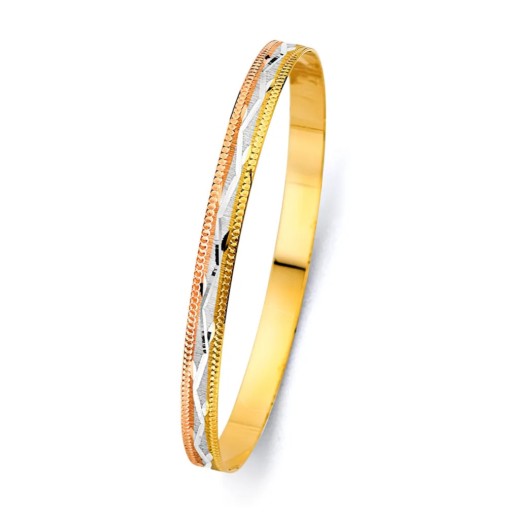 14K Tri-Color Gold Women’s Diamond-Cut Wave Design Solid Bangle – Size 7”