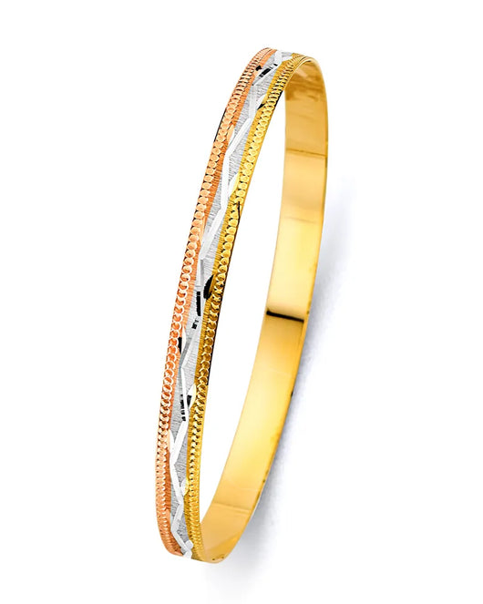 14K Tri-Color Gold Women’s Diamond-Cut Wave Design Solid Bangle – Size 8”