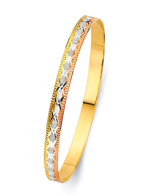 14K Tri-Color Gold Women’s Diamond-Cut Star Wave Design Solid Bangle – Size 8”