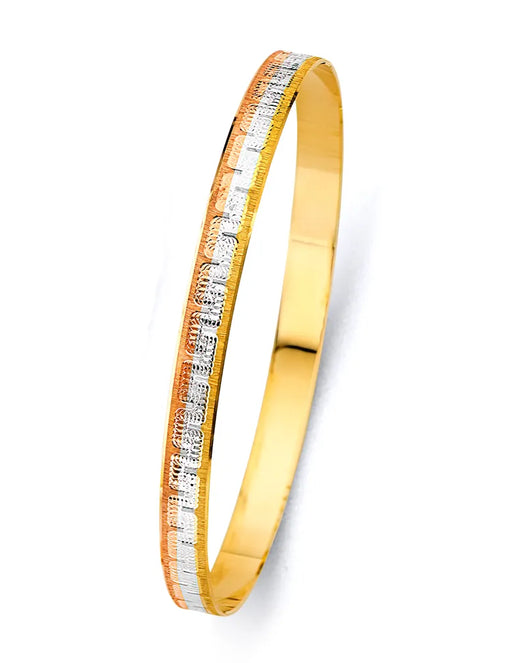 14K Tri-Color Gold Women’s Greek Key Design Solid Bangle – Size 7”