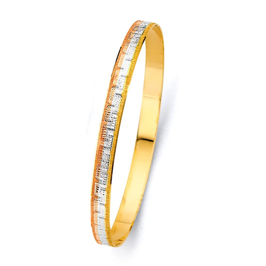 14K Tri-Color Gold Women’s Greek Key Design Solid Bangle – Size 8”