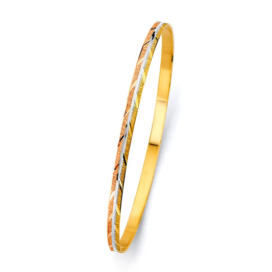 14K Tri-Color Gold Women’s Diamond-Cut Crisscross Design Solid Bangle – Size 7”