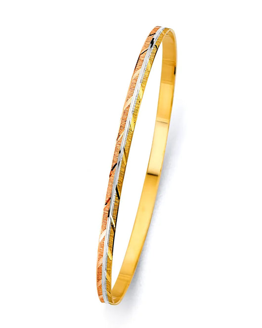 14K Tri-Color Gold Women’s Diamond-Cut Crisscross Design Solid Bangle – Size 8”