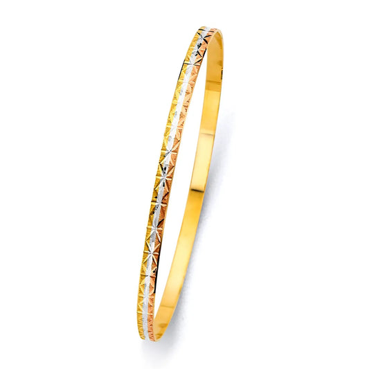 14K Tri-Color Gold Women’s Diamond-Cut Starburst Center Design Solid Bangle – Size 7”