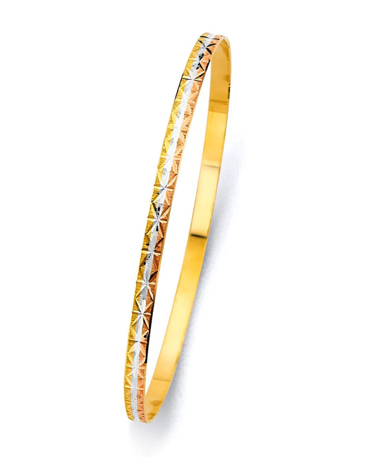 14K Tri-Color Gold Women’s Diamond-Cut Starburst Center Design Solid Bangle – Size 8”