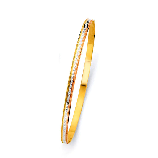 14K Tri-Color Gold Women’s Diamond-Cut Starburst Center Design Solid Bangle – Size 7”