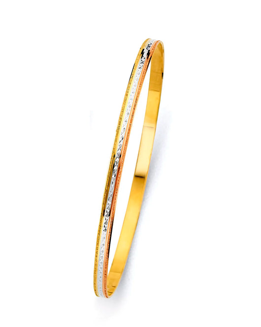 14K Tri-Color Gold Women’s Diamond-Cut Starburst Center Design Solid Bangle – Size 8”