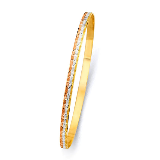 14K Tri-Color Gold Women’s Diamond-Cut Heart Design Solid Bangle – Size 7”