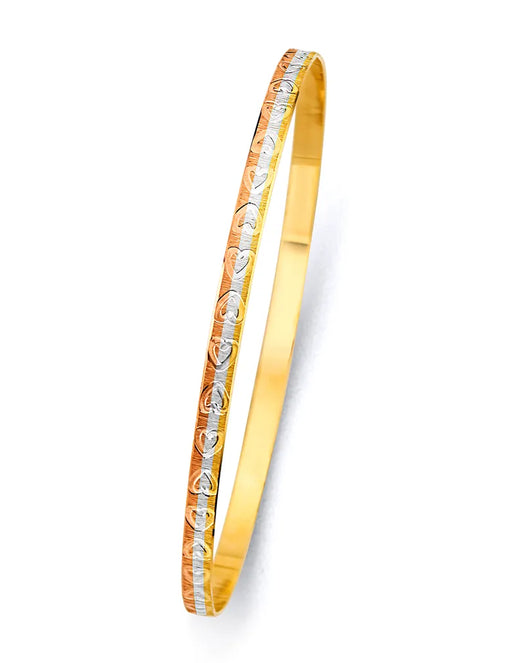 14K Tri-Color Gold Women’s Diamond-Cut Heart Design Solid Bangle – Size 8”