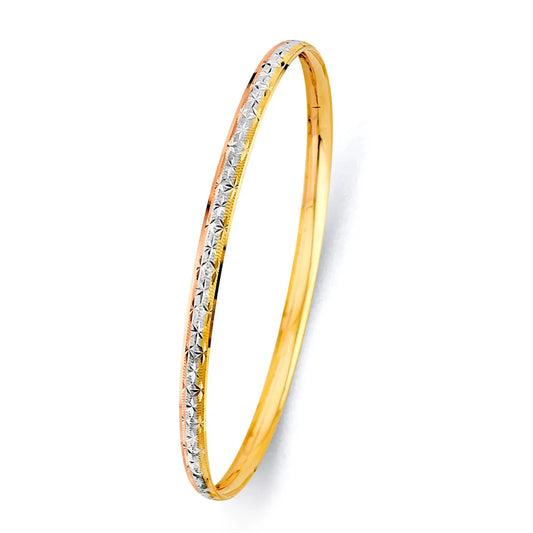 14K Tri-Color Gold Women’s Diamond-Cut Starburst Center Design Solid Bangle – Size 7”