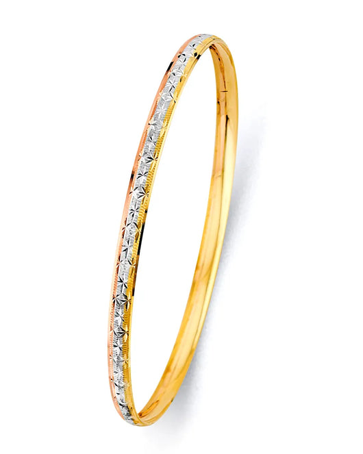 14K Tri-Color Gold Women’s Diamond-Cut Starburst Center Design Solid Bangle – Size 8”