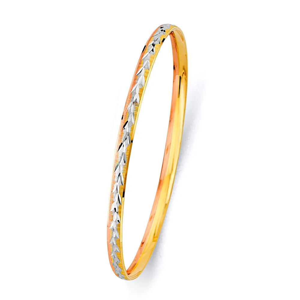 14K Tri-Color Gold Women’s Diamond-Cut Crisscross Design Solid Bangle – Size 7”