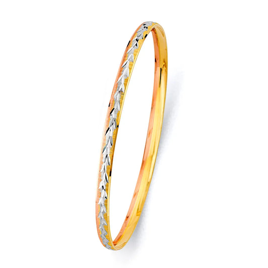 14K Tri-Color Gold Women’s Diamond-Cut Crisscross Design Solid Bangle – Size 7”