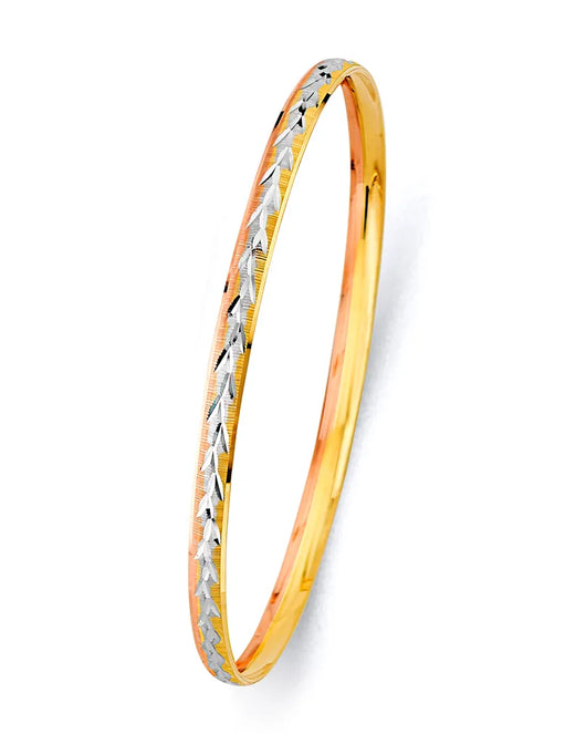 14K Tri-Color Gold Women’s Diamond-Cut Crisscross Design Solid Bangle – Size 7”
