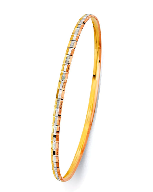 14K Tri-Color Gold Solid Fancy Cut Design Women’s Bangle Size 7