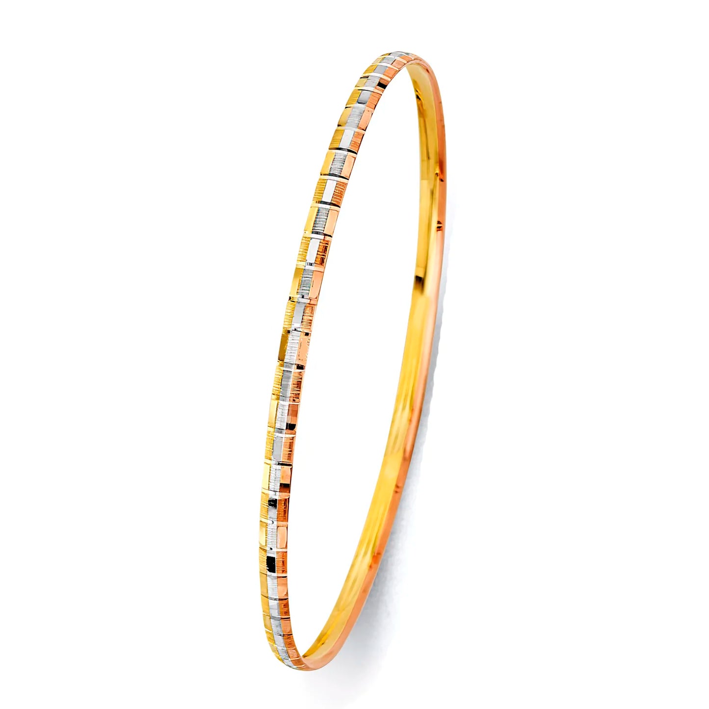 14K Tri-Color Gold Solid Fancy Cut Design Women’s Bangle Size 8"