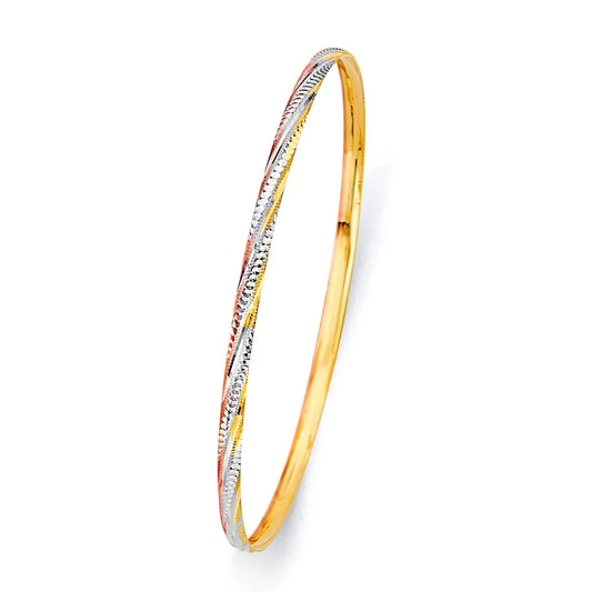 14K Tri-Color Gold Solid Twisted Diamond-Cut Design Women’s Bangle Size 8"