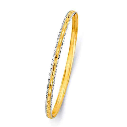14K Yellow Gold Solid Diamond-Cut Two-Tone Design Women’s Bangle Size 8"